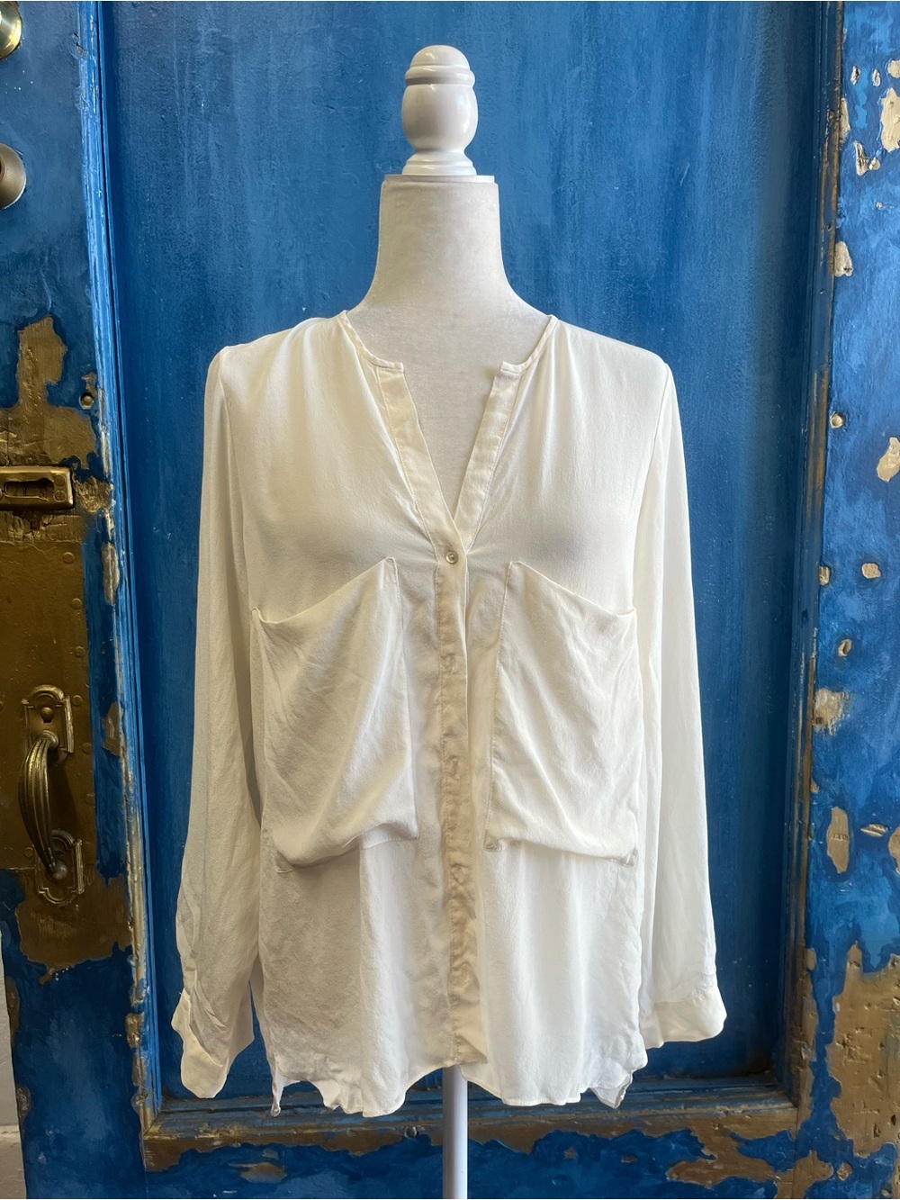 Zara Cream V-Neck Button Front Blouse with Front Pockets